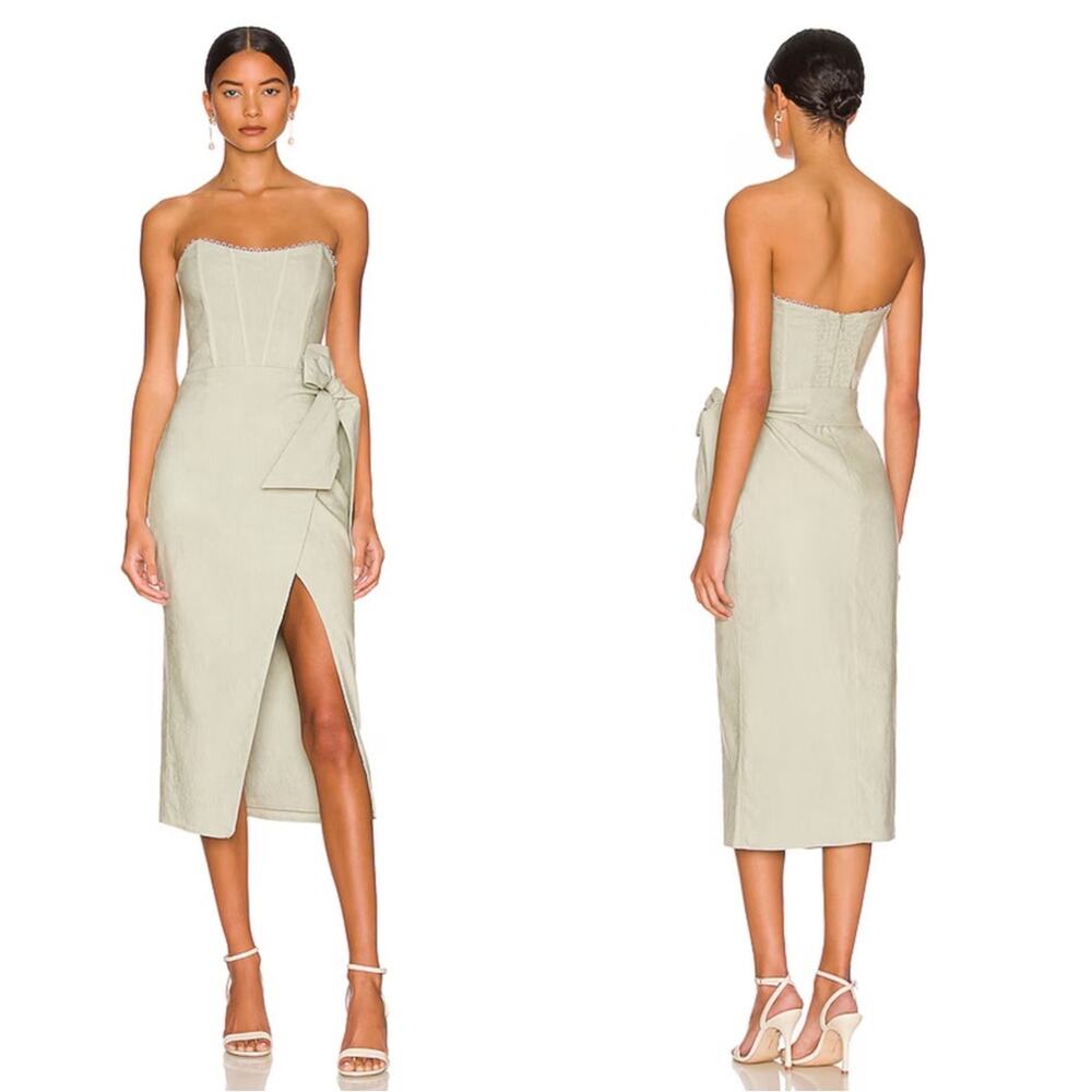 V. CHAPMAN Liliana Scallop Hem Strapless Sage Green Midi Dress Size 4